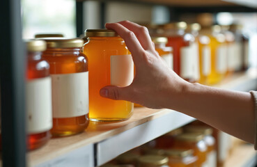 Hand selects jar of golden honey from shelf display. Natural food product arranged for sale in small shop. Business owner checks inventory for pricing or labeling.