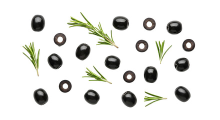 Black olives and rosemary sprigs on black surface on transparent background