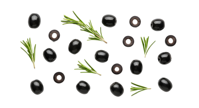 Black olives and rosemary sprigs on black surface on transparent background - Powered by Adobe