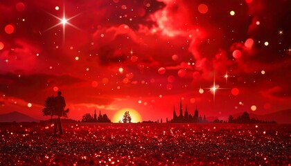 Crimson dreams a couple silhouetted against a sparkling landscape at sunset