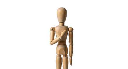 Wooden artist mannequin with articulated joints stands with hand over heart against a stark black background showcasing a pose of sincerity or commitment in studio lighting