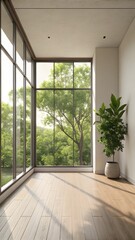 Fototapeta premium Minimalist Interior Room With Large Window Sunlight And Indoor Plant Creating Calm Modern Space View