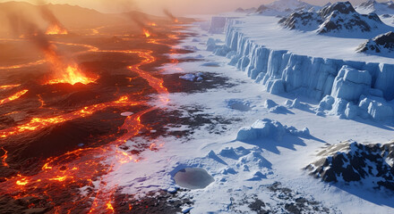 Dramatic Landscape Divided by Fiery Volcanic Lava Flows and Arctic Frozen Tundra
