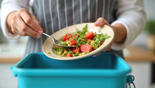 Woman scraping leftover salad from plate to bin in kitchen. Reducing waste by throwing food to garbage. Home cooking and food waste management concept. Food recycling and composting idea.