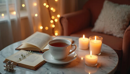 Cozy indoor scene with cup of tea, open book on marble table. Three burning candles cast warm glow, fairy lights twinkle in background, creating inviting ambiance for relaxation, quiet moments at