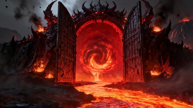 Gates of hell open to a fiery vortex in a volcanic underworld. A river of molten lava flows through a desolate landscape. Panning and tilting wide shot.