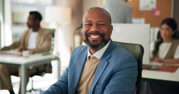 Happy, computer and face of business man in office for about us, journalist editor and pride. Publishing agency, coworking and confidence with mature person in media startup for reporter fact check