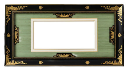 Ornate black and gold frame with green background on transparent background