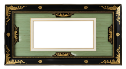 Ornate black and gold frame with green background on transparent background