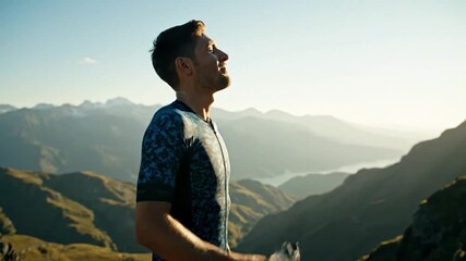 Cyclist, tired and success on mountain top for fitness goal, man drinking water for freedom and workout challenge
