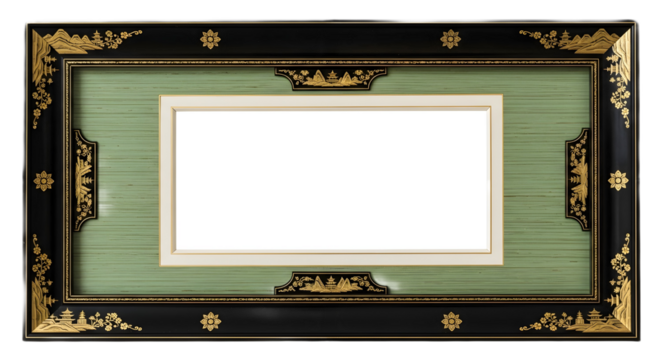 Ornate black and gold frame with green background on transparent background