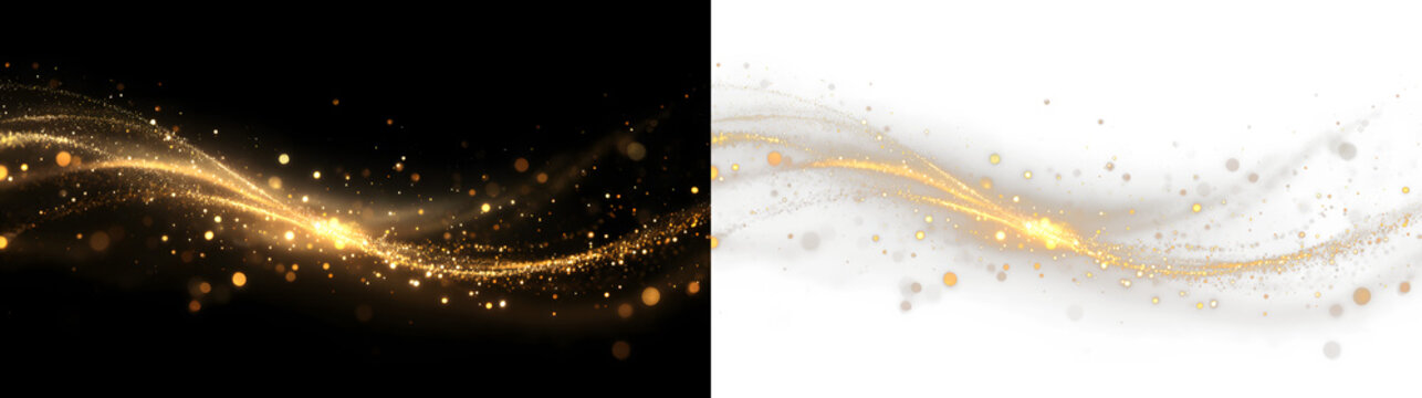 Gold sparkling light trail overlay, isolated PNG glitter effect on black background. glowing bokeh light overlay. sparkling light particles. Stock royalty free vector illustration. Gold dust light 