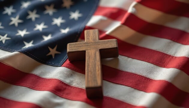 Wooden Christian cross on USA flag. American flag with red, white stripes, blue stars. Cross faith, patriotism together. Christian values in American culture. Faith, nation concept. Christian cross,