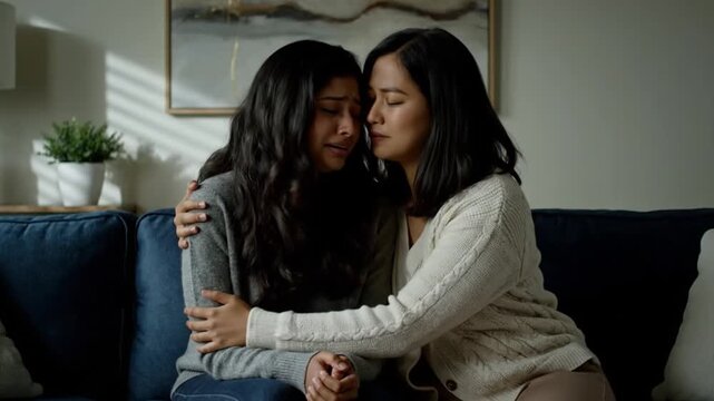 Woman, support and comfort with hug for sad, crying friend for mental health problem, depression or anxiety