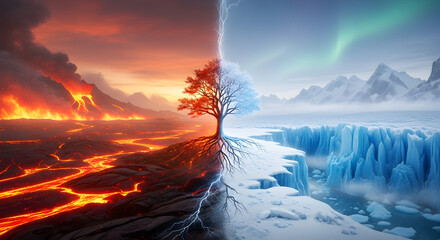Mystical Divided Landscape with Fire and Ice Tree Under Aurora Borealis