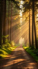 Obraz premium Sunlit Forest Path With Golden Morning Rays Through Tall Trees Creating Peaceful Nature Scene Scenic