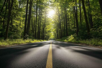 Fototapeta premium Empty asphalt road winding through a lush green forest canopy on a sunny day, inviting travelers to enjoy a scenic drive immersed in nature's beauty and tranquility