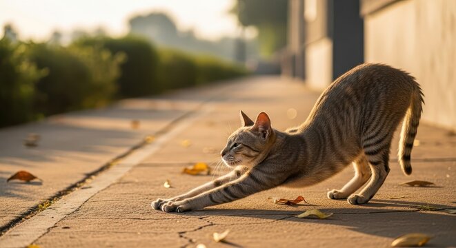 Stray cat stretching on sidewalk in morning sunlight during autumn  