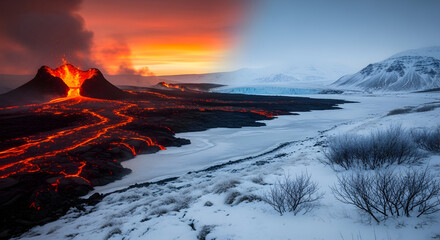 Contrasting Landscape of Erupting Volcano with Lava and Serene Snowy Field
