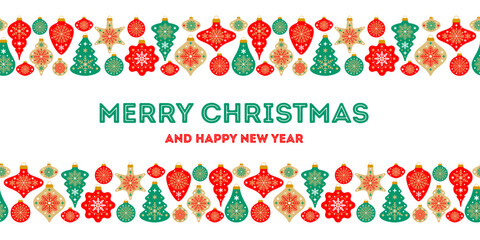 Christmas greeting card, banner with scandinavian seamless border pattern. Christmas and New Year ornaments. Vector vintage background for winter holidays. Seasonal greeting design