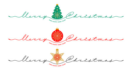 Merry Christmas greeting design set. Lettering by continuous line with christmas ball, fir tree and star. Elegance nordic design for Christmas and New Year holiday celebration. Vector illustration
