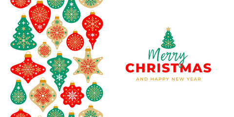 Christmas greeting card, banner with scandinavian seamless border pattern. Christmas and New Year ornaments. Vector vintage background for winter holidays. Seasonal greeting design