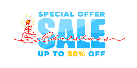 Christmas Sale Advertising Banner. Lettering Christmas and fir tree are drawing by continuous line. Can use for advertise, banner, web, print etc. Simple, minimal vibrant design. Vector illustration