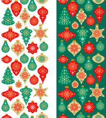 Scandinavian Christmas seamless border pattern vertical. Christmas and new Year ornaments and baubles with different shapes. Vector vintage texture background for winter holidays, seasonal greetings