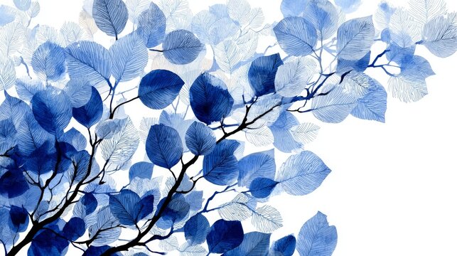 Fototapeta Blue leaves on branches are beautifully illustrated in a watercolor style against a pristine white backdrop