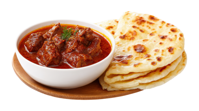 Beef curry with flatbread isolated on a transparent background