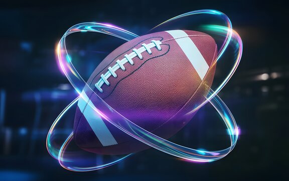 American football with glowing rings around it, a dynamic and futuristic sports concept