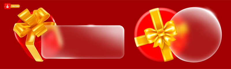 Festive label with glass morphism. 3D Modern design elements set with red gift box, matte transparent circle and rectangle with rounded corners. Frosted glass effect. Vector illustration