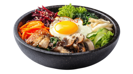 Bibimbap with fried egg and vegetables isolated on a transparent background