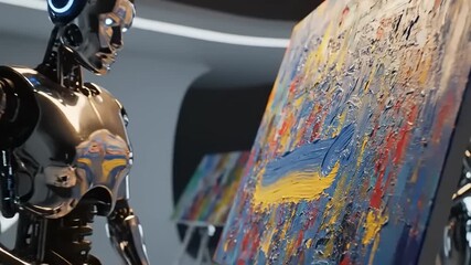 AI Robot Artist Painting Abstract Art on Canvas with Paintbrush, Artificial Intelligence Creating Modern Artwork.