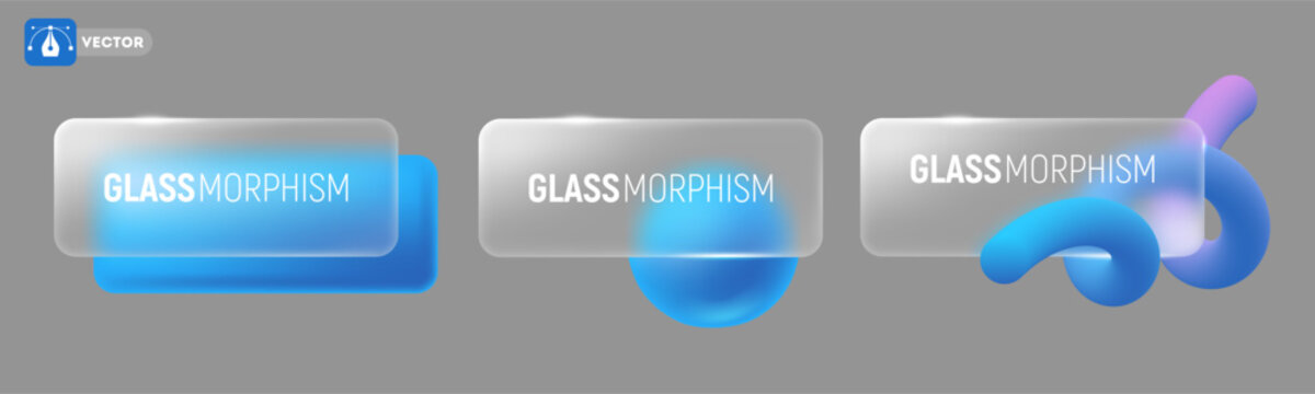 Glass morphism concept. 3D Modern design elements set with blue sphere, rectangle and futuristic line. Matte transparent rectangle with rounded corners. Frosted glass effect. Vector illustration