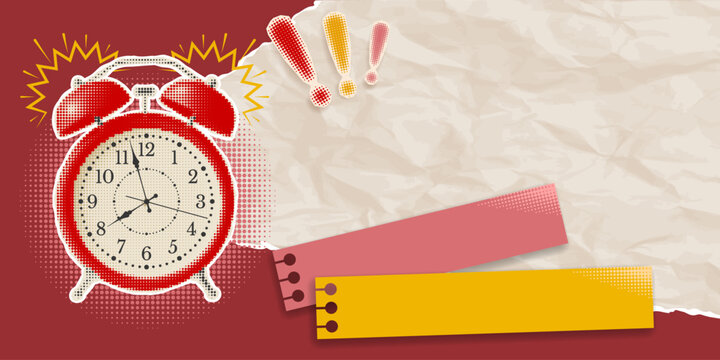 Retro collage with halftone effect and place for text. Ringing alarm clock, cut from a newspaper or magazine, crumpled paper. Advertising banner background. Vector illustration