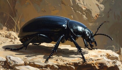 Darkling Beetle on Rocky Terrain: A Close-Up of Desert Insect Life Depiction