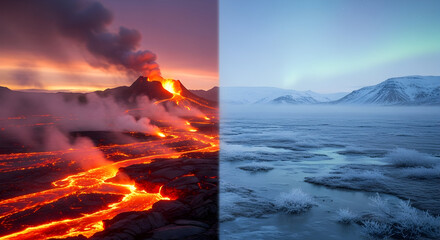Epic Landscape Divided by Erupting Volcano and Icy Plain Under Aurora Borealis