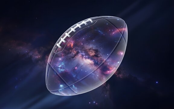 A football with a galaxy inside of it floats in space with stars and nebula - Powered by Adobe