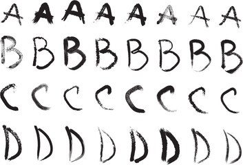 Handwritten alphabet letters a b c d in rough brush strokes
