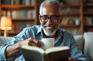 Happy mature black man in glasses smiles broadly, holds white coffee cup. Reads interesting book on comfy sofa, enjoying quiet free time at home. Cozy living room with bookshelf in background.