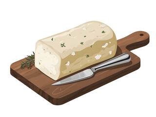 Artisanal goat cheese log illustration presented on a rustic wooden cutting board with a knife and fresh thyme sprigs