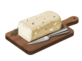 Artisanal goat cheese log illustration presented on a rustic wooden cutting board with a knife and fresh thyme sprigs