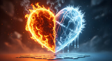 Emotional Fire and Ice Heart Symbolizing Love, Duality, and Inner Conflict