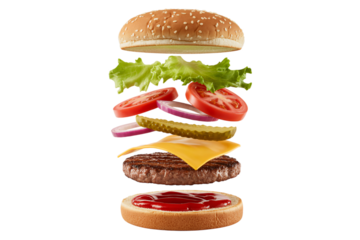 Delicious burger ingredients floating hamburger food cheeseburger tasty meal fast food lettuce tomato onion on transparent background
