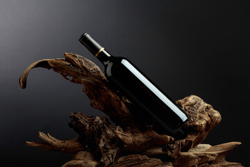 Bottle of red wine on a old snags.