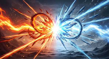 Abstract Intertwined Loops of Fiery and Icy Energy Colliding with Brilliance