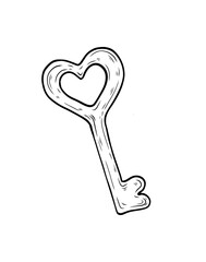 Vector illustration of a heart-shaped key. Key from a heart, heart-shaped key. Cute Valentine's Day illustration. Hand-drawn vector graphics, ink drawing, and line art.