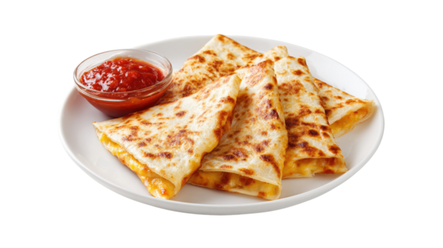 Cheese Quesadillas with Salsa Dip isolated on a transparent background
