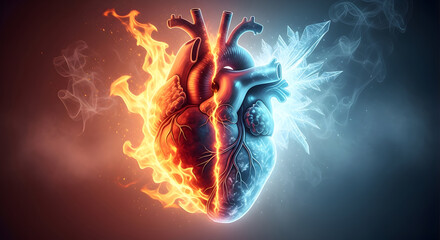 Conceptual Human Heart Divided by Blazing Fire and Chilling Ice